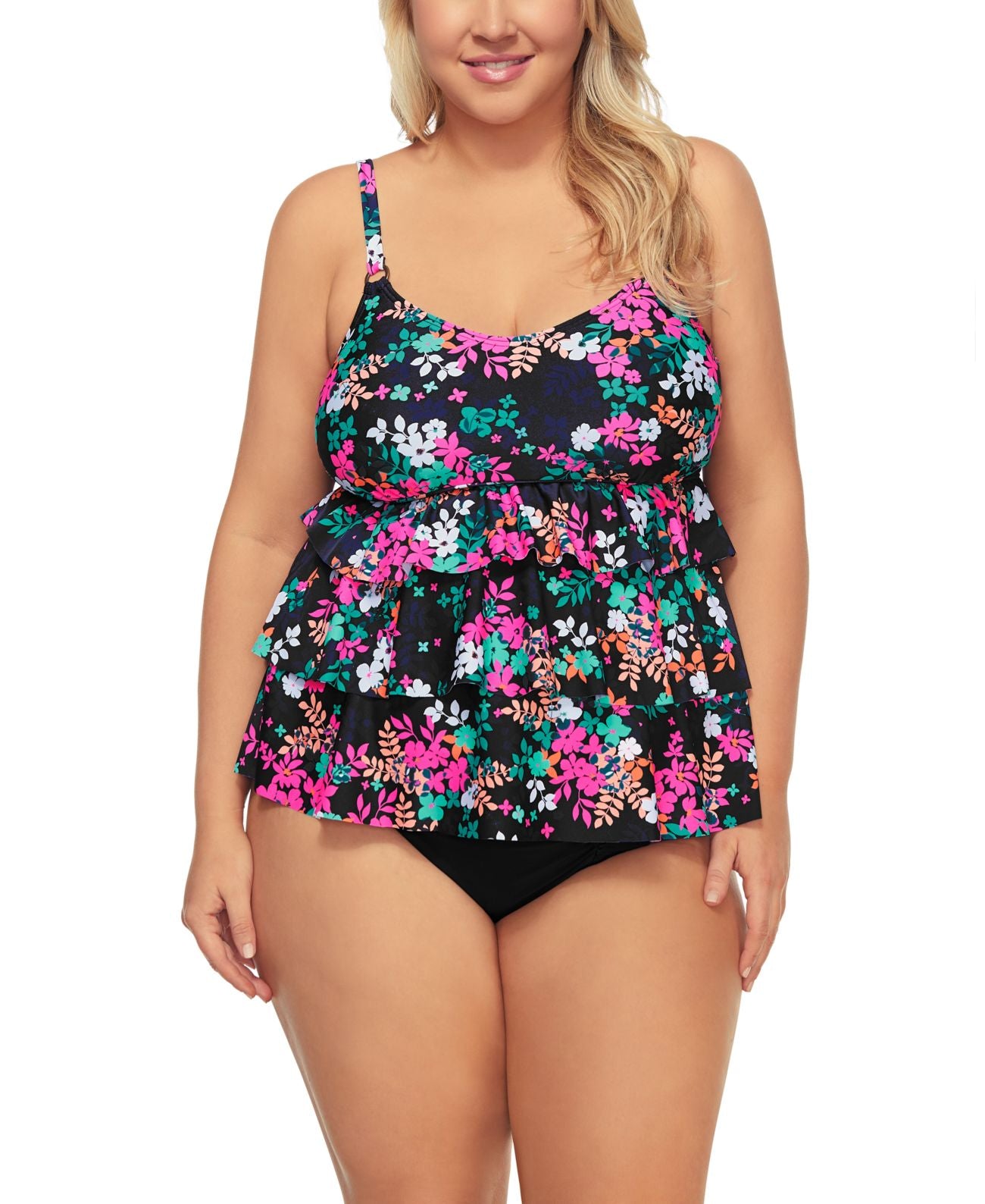 Island Escape Women's Plus Tiered Tankini Top Swimsuit Black Size 20W