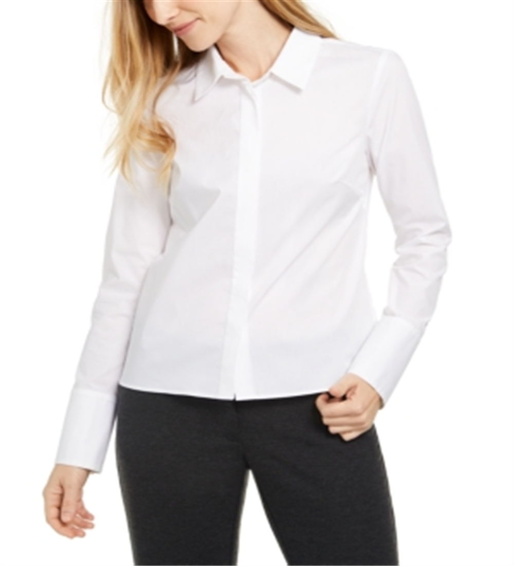 Calvin Klein Women's X Fit Slim Fit Long-Sleeve Button up Blouse White Size Small