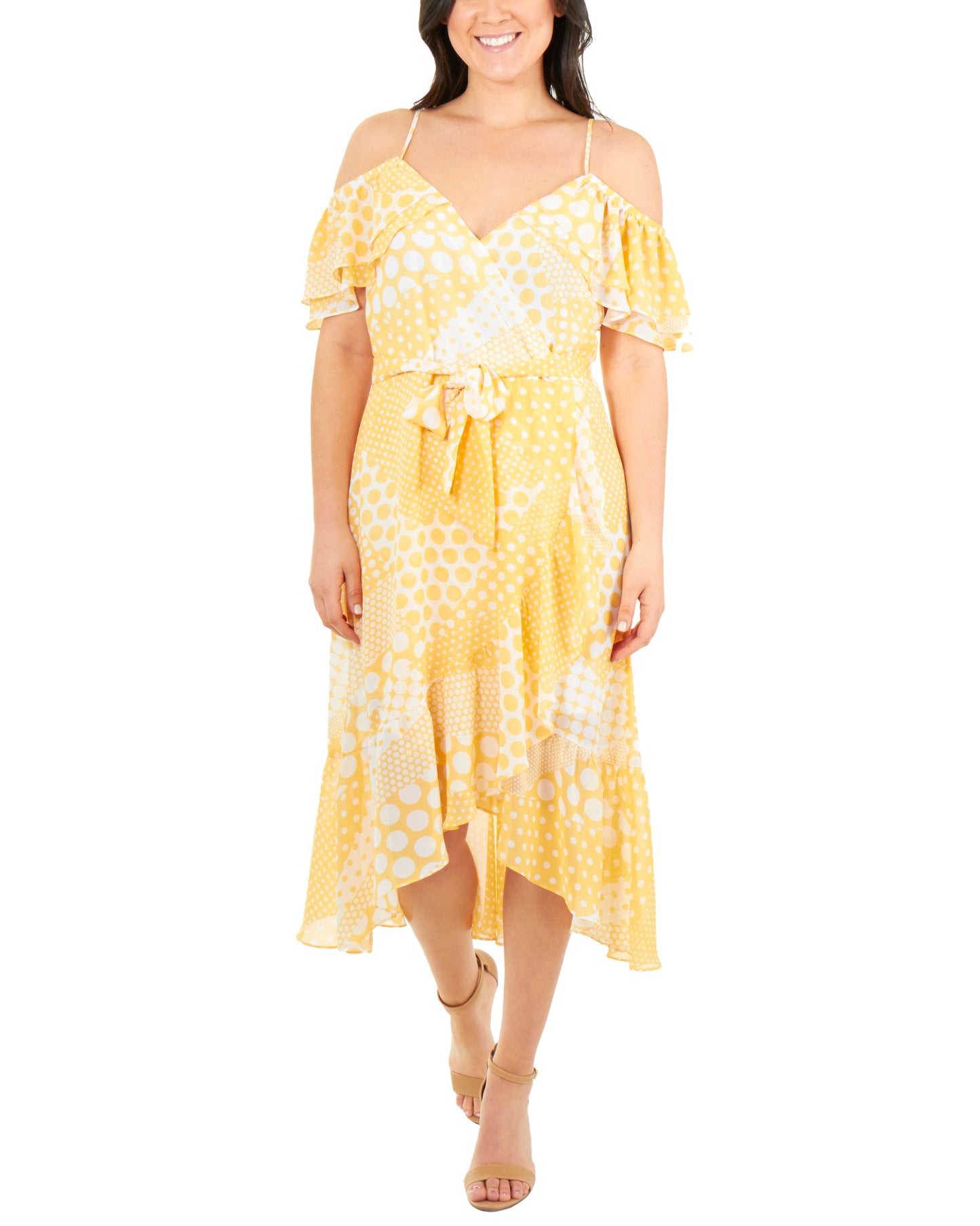 NY Collection Women's Ruffled Cold Shoulder Dress Yellow Size 14