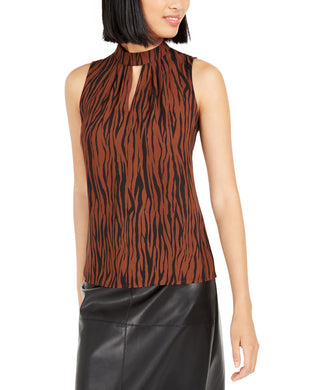 Bar III Women's Animal Print Mock Neck Keyhole Top Brown Size Medium