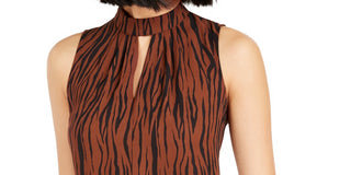 Bar III Women's Animal Print Mock Neck Keyhole Top Brown Size Medium