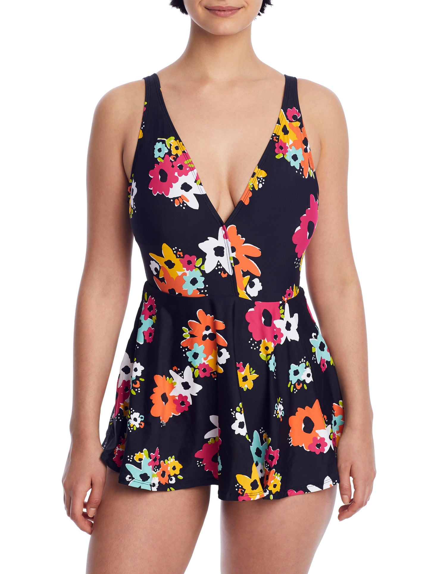 Anne Cole Women's Island Bloom Plunge Swim Dress Swimsuit Black Size 10