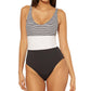 Bleu Rod Beattie Women's Pinstripe Stretch Tank Removable Cups Deep V Neck Moderate Coverage One Piece Swimsuit Black Size 10