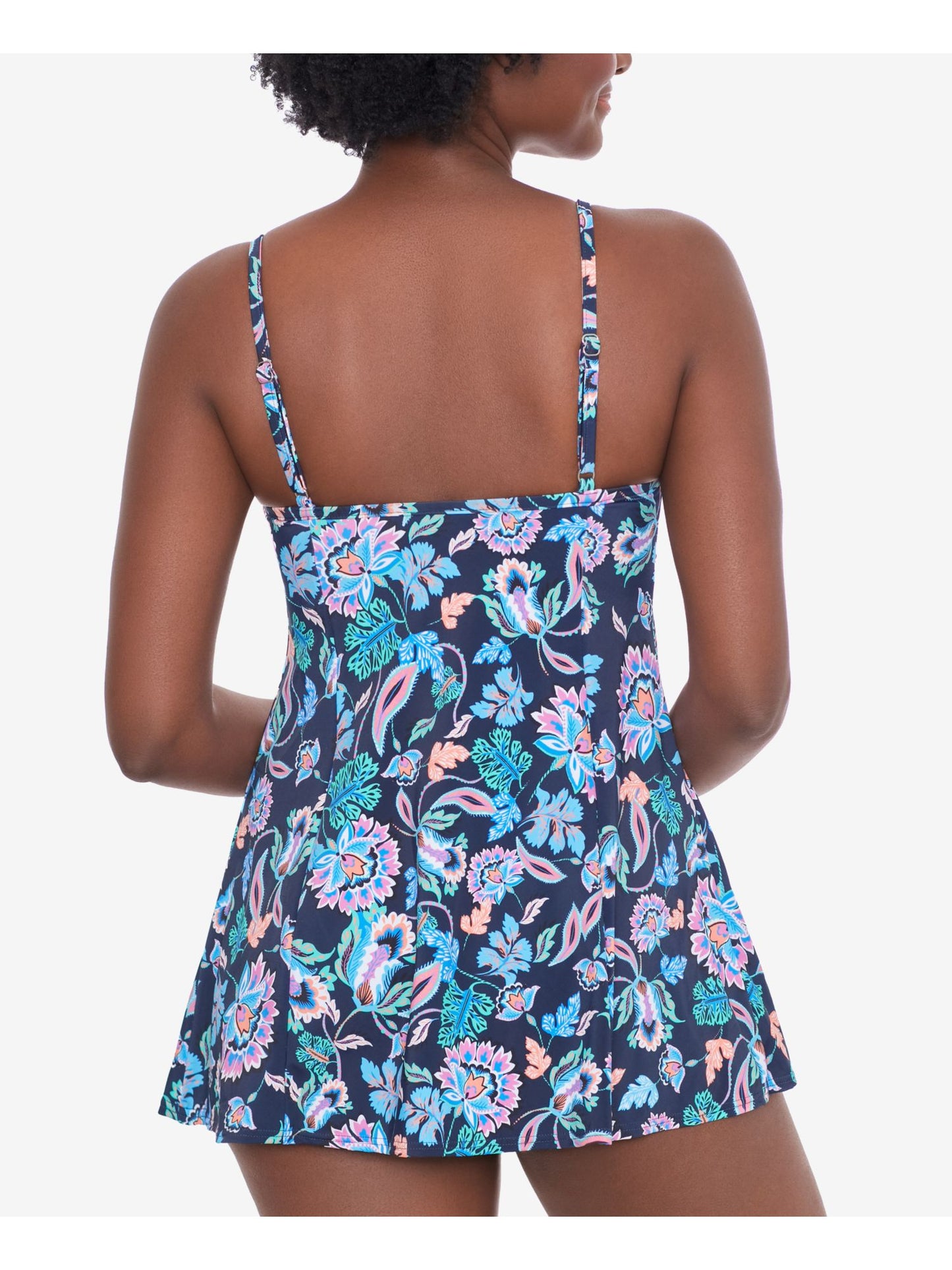 Swim Solutions Women's Floral Stretch Allover Slimming Adjustable Full Coverage Madison Swimdress Blue Size 10