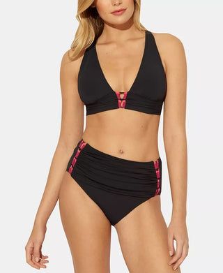 Bleu Women's Stretch Removable Cups Lined Deep V Neck Adjustable Swimsuit Top Black Size 34 D