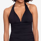Ralph Lauren Women's Tummy Control Ruched Tie V Neck Molded Cup Adjustable Beach Club Halter Tankini Swimsuit Top Black