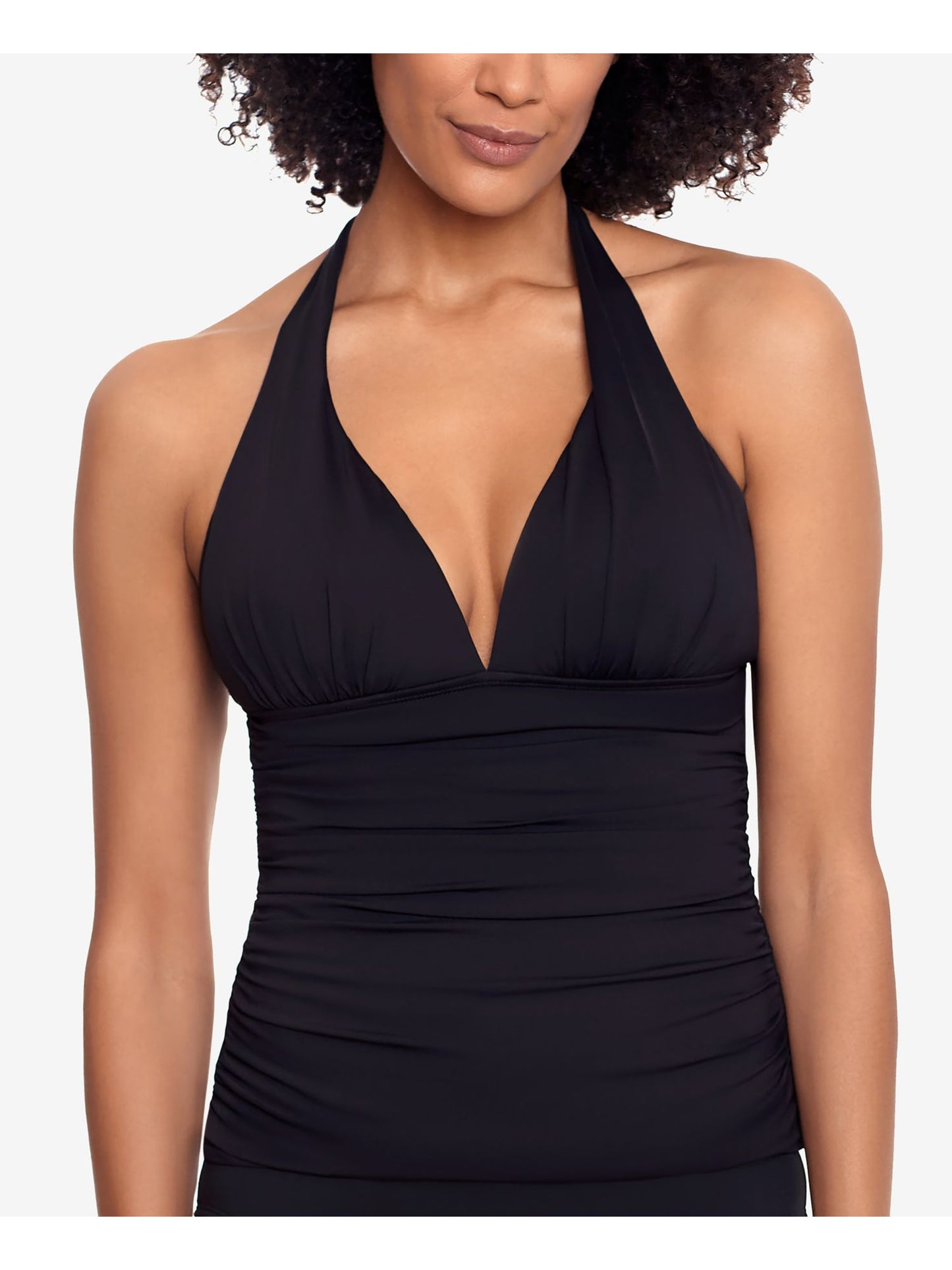Ralph Lauren Women's Tummy Control Ruched Tie V Neck Molded Cup Adjustable Beach Club Halter Tankini Swimsuit Top Black