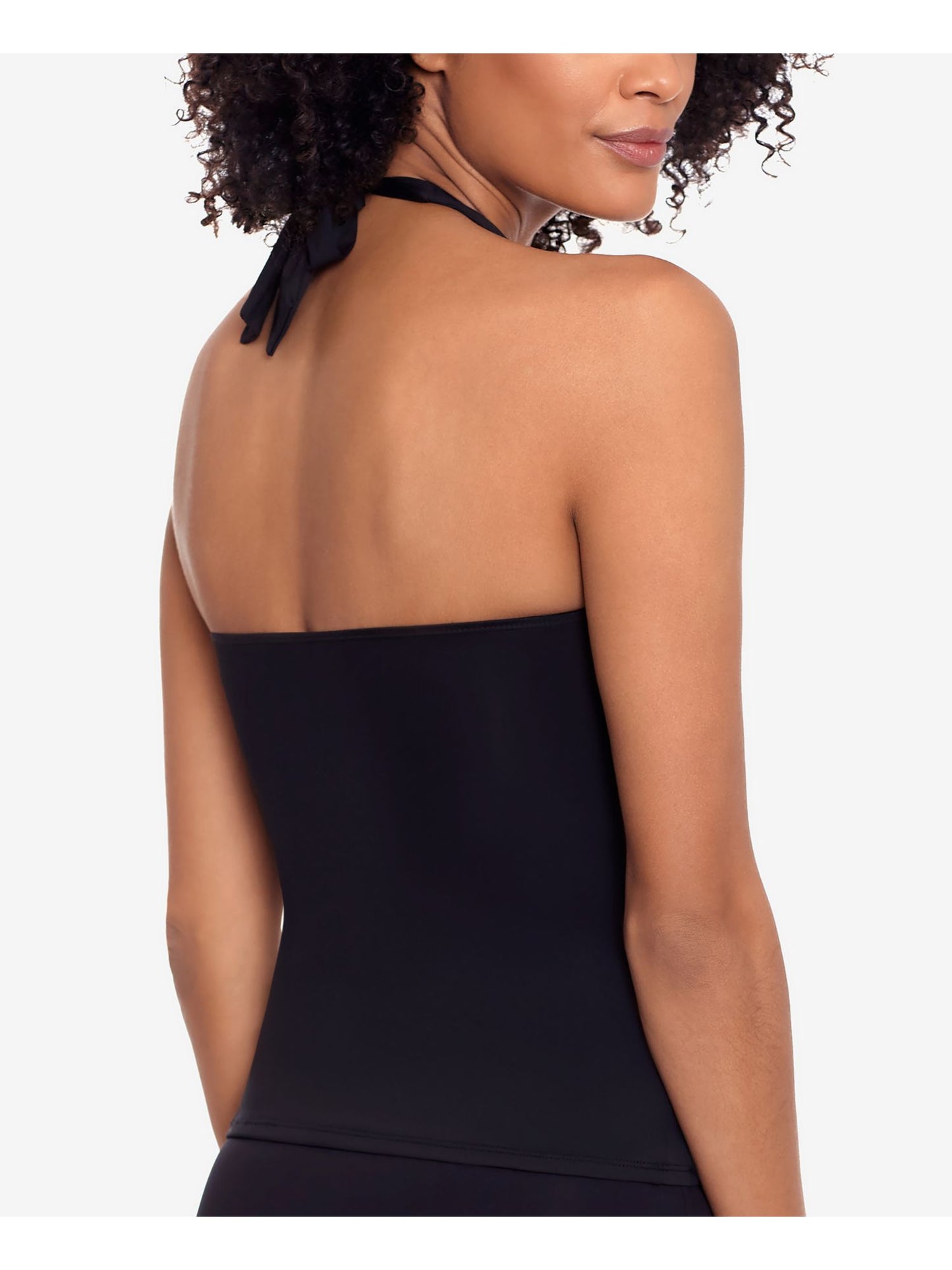 Ralph Lauren Women's Tummy Control Ruched Tie V Neck Molded Cup Adjustable Beach Club Halter Tankini Swimsuit Top Black