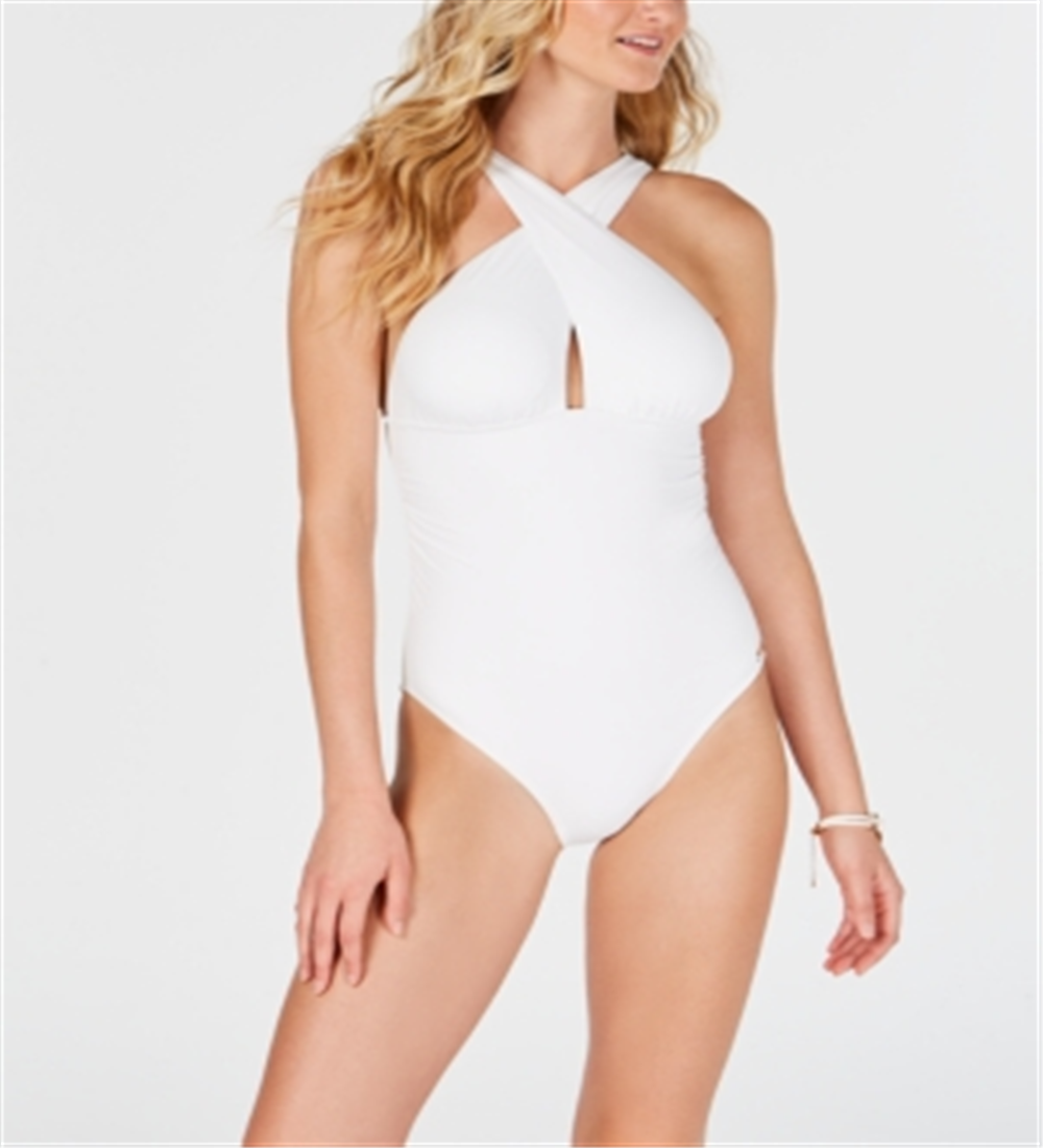 Michael Kors Women's Solid Convertible Ruched One Piece Swimsuit White Size -8