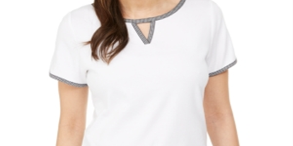 Karen Scott Women's Contrast Trim Keyhole Top White Size Medium