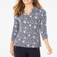 Charter Club Women's 3/4 Sleeve Printed Polo Top Blue Size Large