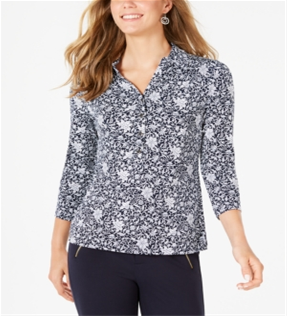 Charter Club Women's 3/4 Sleeve Printed Polo Top Blue Size Large