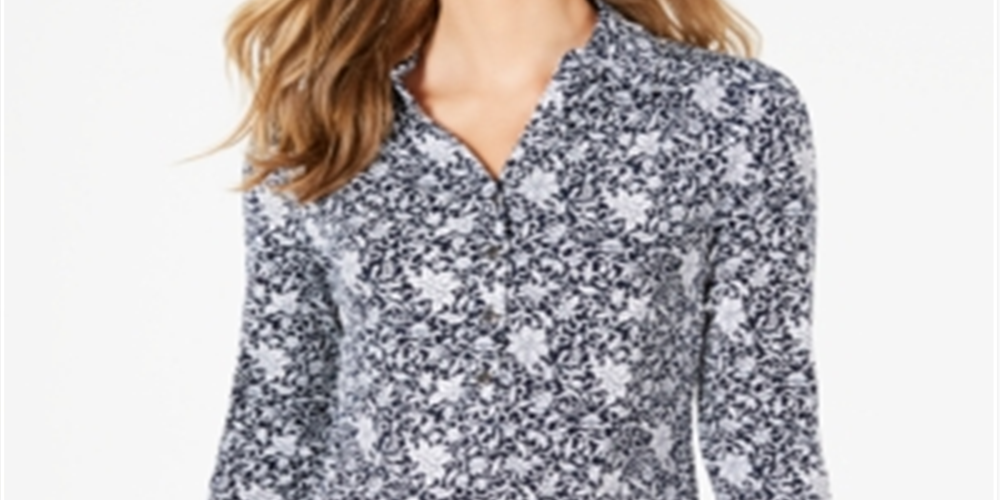 Charter Club Women's 3/4 Sleeve Printed Polo Top Blue Size Large