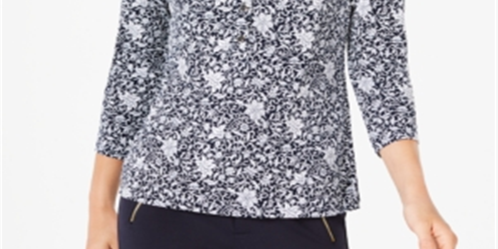 Charter Club Women's 3/4 Sleeve Printed Polo Top Blue Size Large