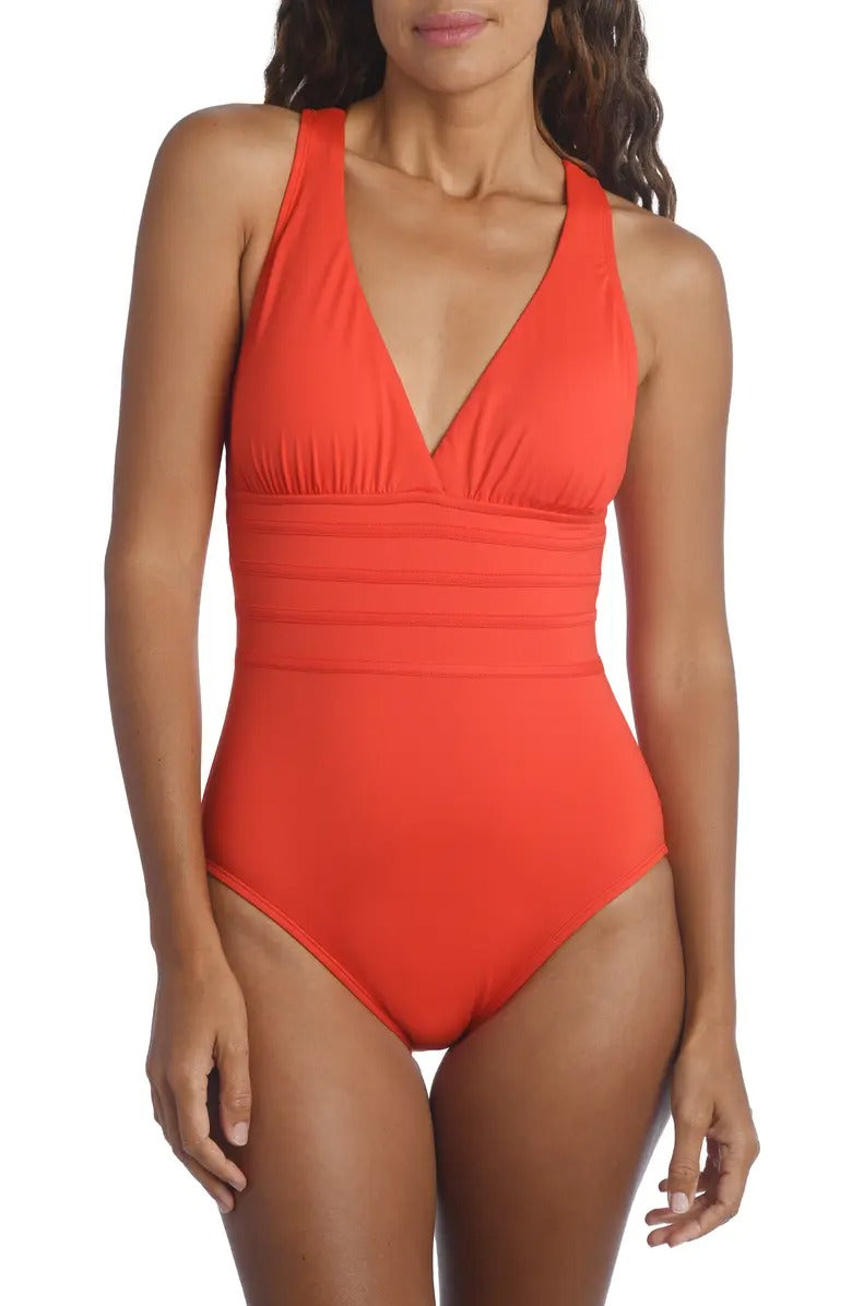 La Blanca Women's Paprika Strappy Back V Neck One Piece Orange Size 16