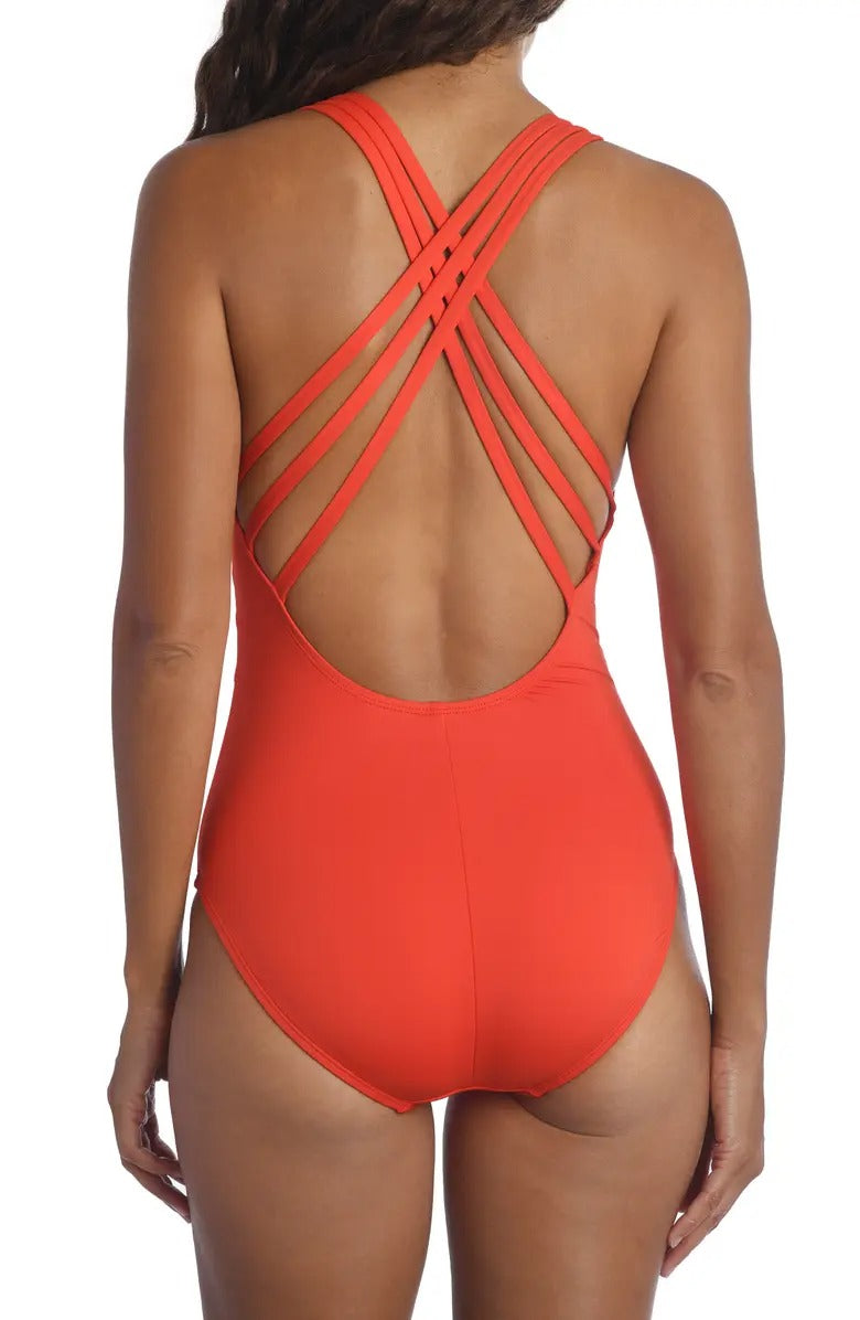 La Blanca Women's Paprika Strappy Back V Neck One Piece Orange Size 16
