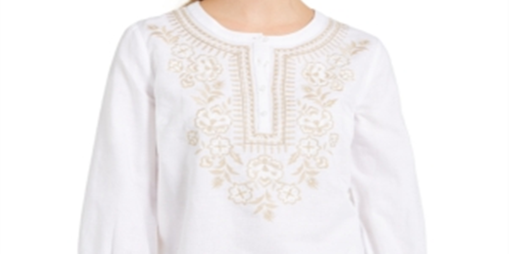 Charter Club Women's Metallic Embroidery Linen Blend Tunic White Size Small