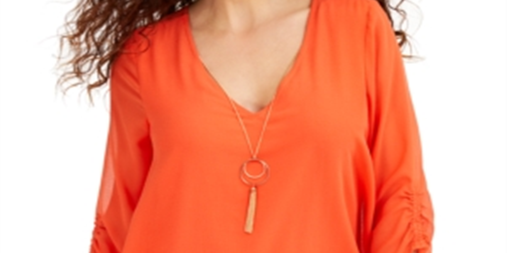 Thalia Sodi Women's Layered Ruched Sleeve Necklace Top Orange Size Medium