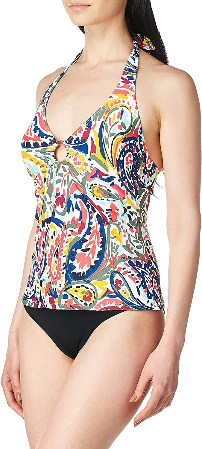 Anne Cole Women's Watercolor Paisley Front Ring Halter Tankini Top for Ladies Multi Print Size Medium