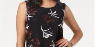 Alfani Women's Printed Embroidered Pointed Hem Top Black Size Petite Small