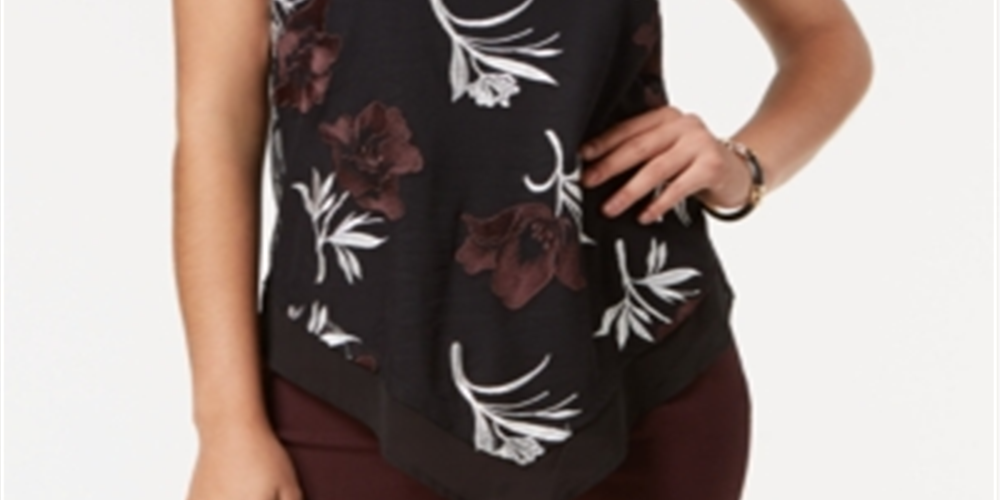 Alfani Women's Printed Embroidered Pointed Hem Top Black Size Petite Small