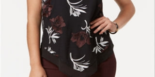 Alfani Women's Printed Embroidered Pointed Hem Top Black Size Petite Small