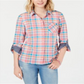 Tommy Hilfiger Women's Check Print Button Down Shirt Orange Size Medium