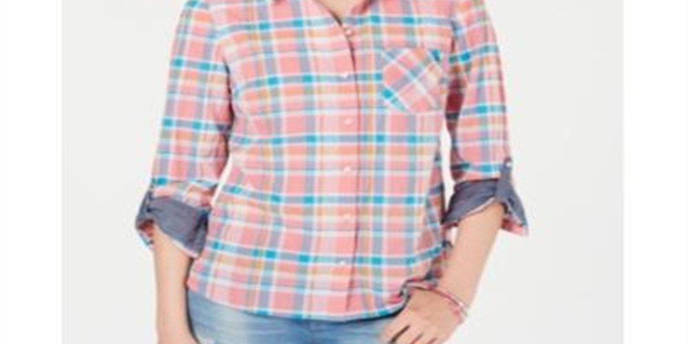 Tommy Hilfiger Women's Check Print Button Down Shirt Orange Size Medium