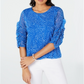 Alfani Women's Printed Ruched Sleeve Mesh Bubble Top Blue Size Petite L