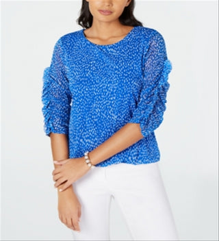 Alfani Women's Printed Ruched Sleeve Mesh Bubble Top Blue Size Petite L