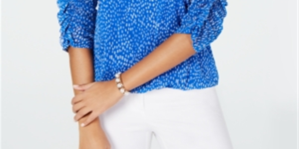 Alfani Women's Printed Ruched Sleeve Mesh Bubble Top Blue Size Petite L