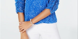 Alfani Women's Printed Ruched Sleeve Mesh Bubble Top Blue Size Petite L