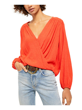 Free People Women's Long Sleeve V Neck Top Orange  Size X-Large