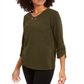 NY Collection Women's 3/4 Sleeve Textured Top Green Size Petite Medium