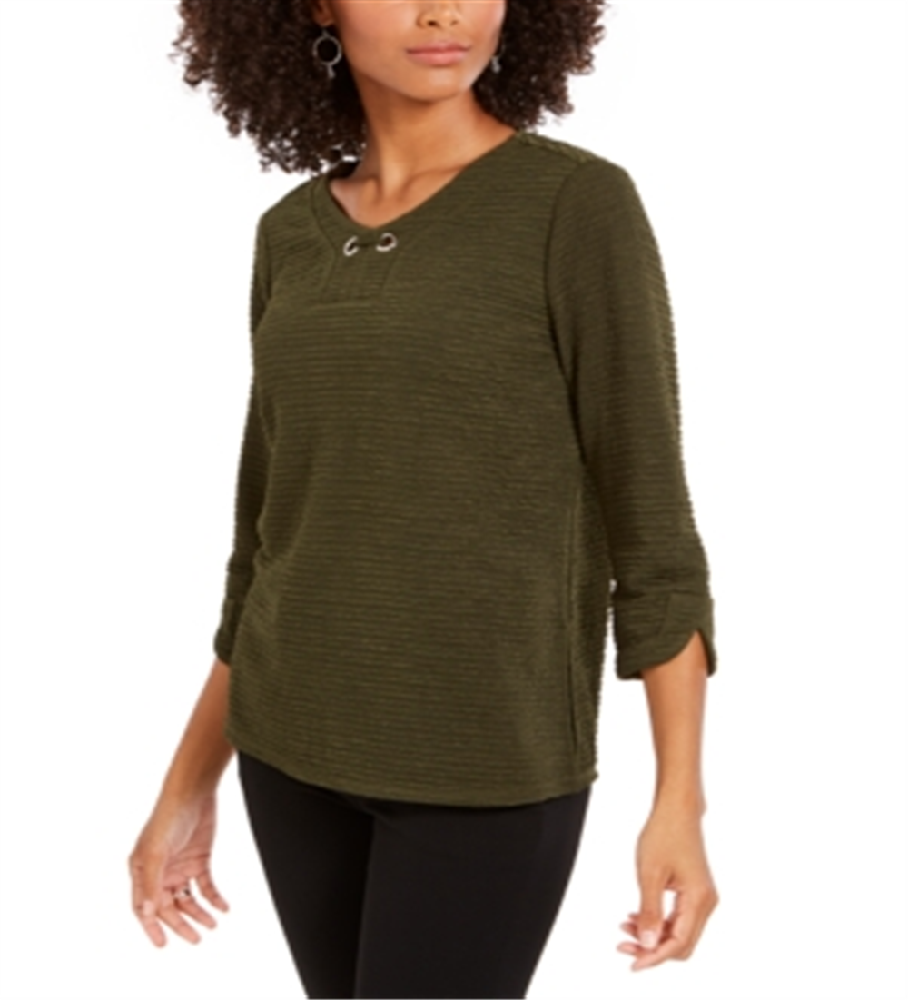 NY Collection Women's 3/4 Sleeve Textured Top Green Size Petite Medium