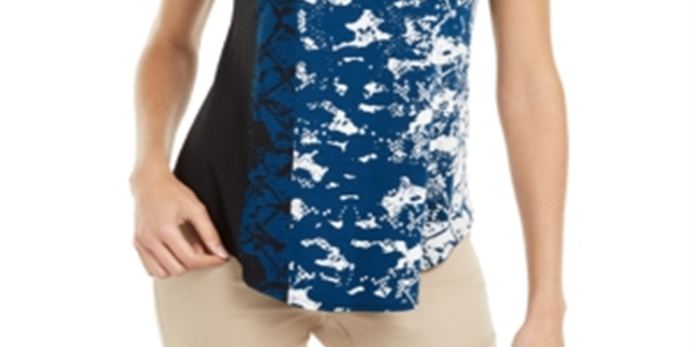 Alfani Women's Printed Round Hem T-Shirt Blue Size Petite Small