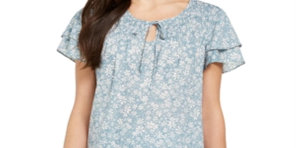 Style & Co.Women's Smocked Split Neck Top Blue Size Small