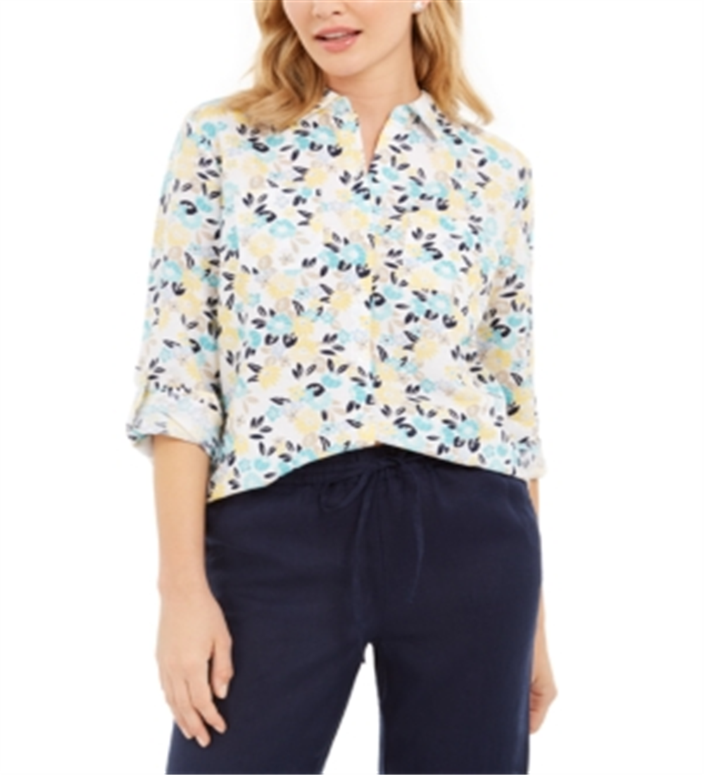 Charter Club Women's Printed Button Front Linen Blend Top White Size Petite S