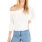 Bar III Women's Long Sleeve Asymmetrical Neckline Top White Size XX-Large