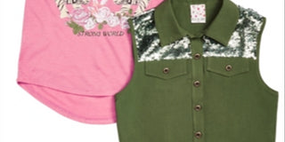 Belle Du Jour Big Girls 2 Pc. Trucker Vest & Tiger Print T-Shirt Set Green Size Small