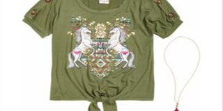 Belle Du Jour Big Girls 2 Pc. Unicorn Print Top & Necklace Set Green Size X-Large