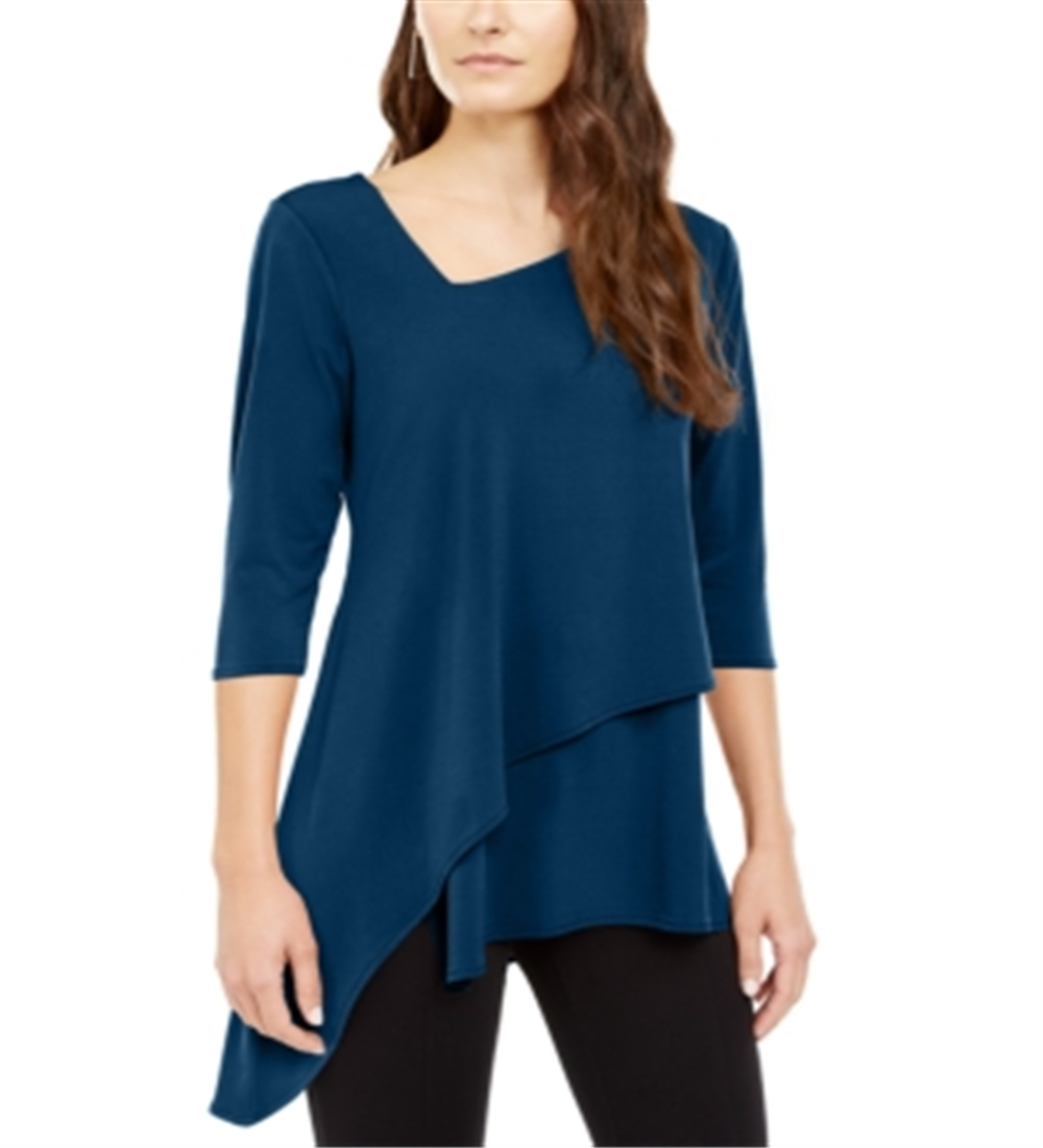 Alfani Women's Asymmetrical Hem 3/4 Sleeve Top Blue  Size XX-Large