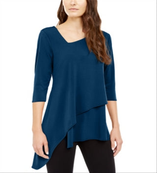 Alfani Women's Asymmetrical Hem 3/4 Sleeve Top Blue  Size XX-Large