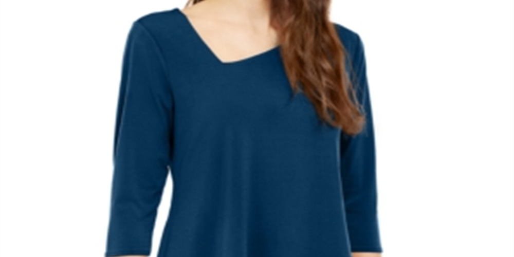 Alfani Women's Asymmetrical Hem 3/4 Sleeve Top Blue  Size XX-Large
