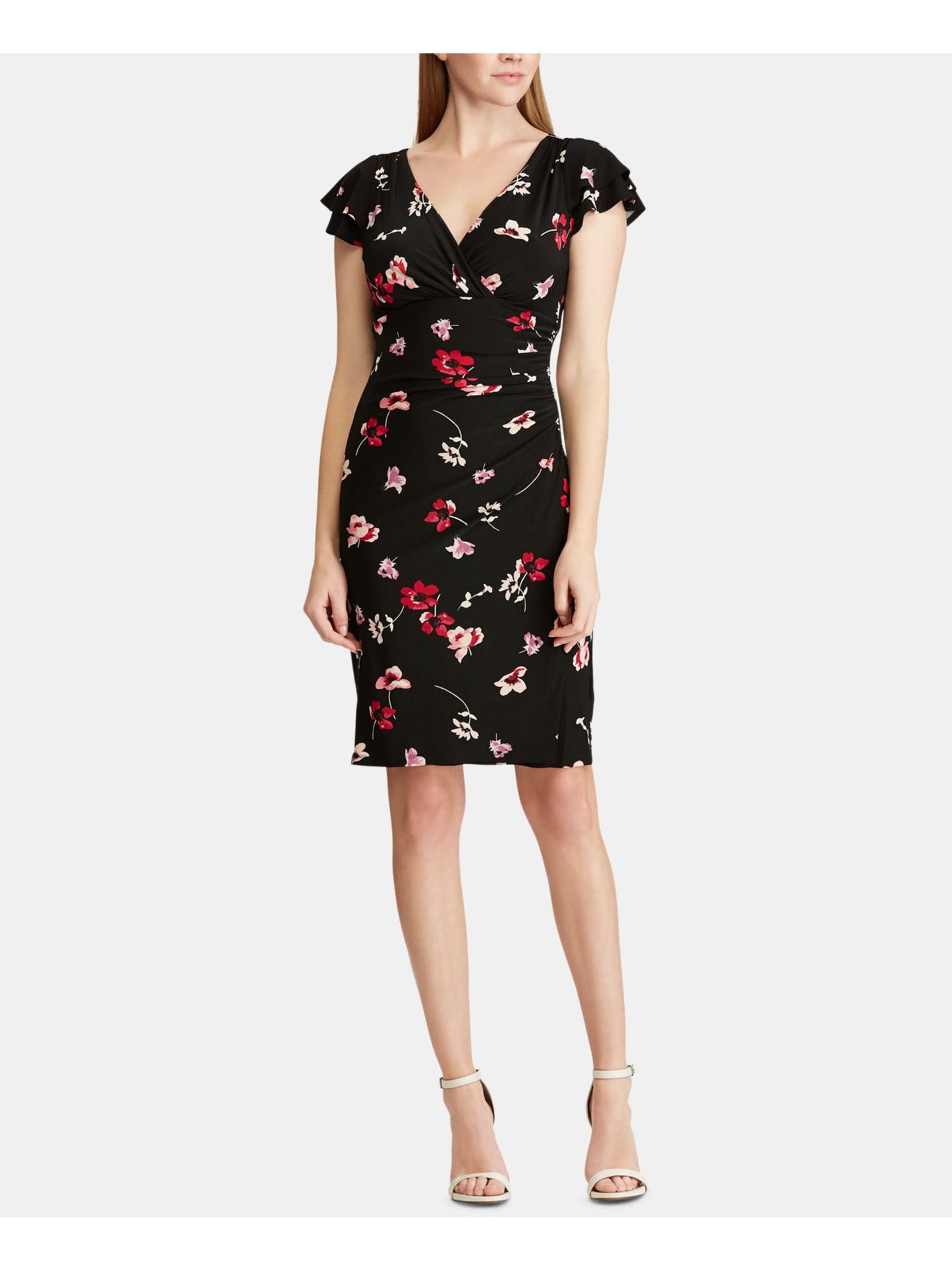 Ralph Lauren Women's Ruched Floral Cap Sleeve V Neck Knee Length Sheath Wear to Work Dress Black Size 0