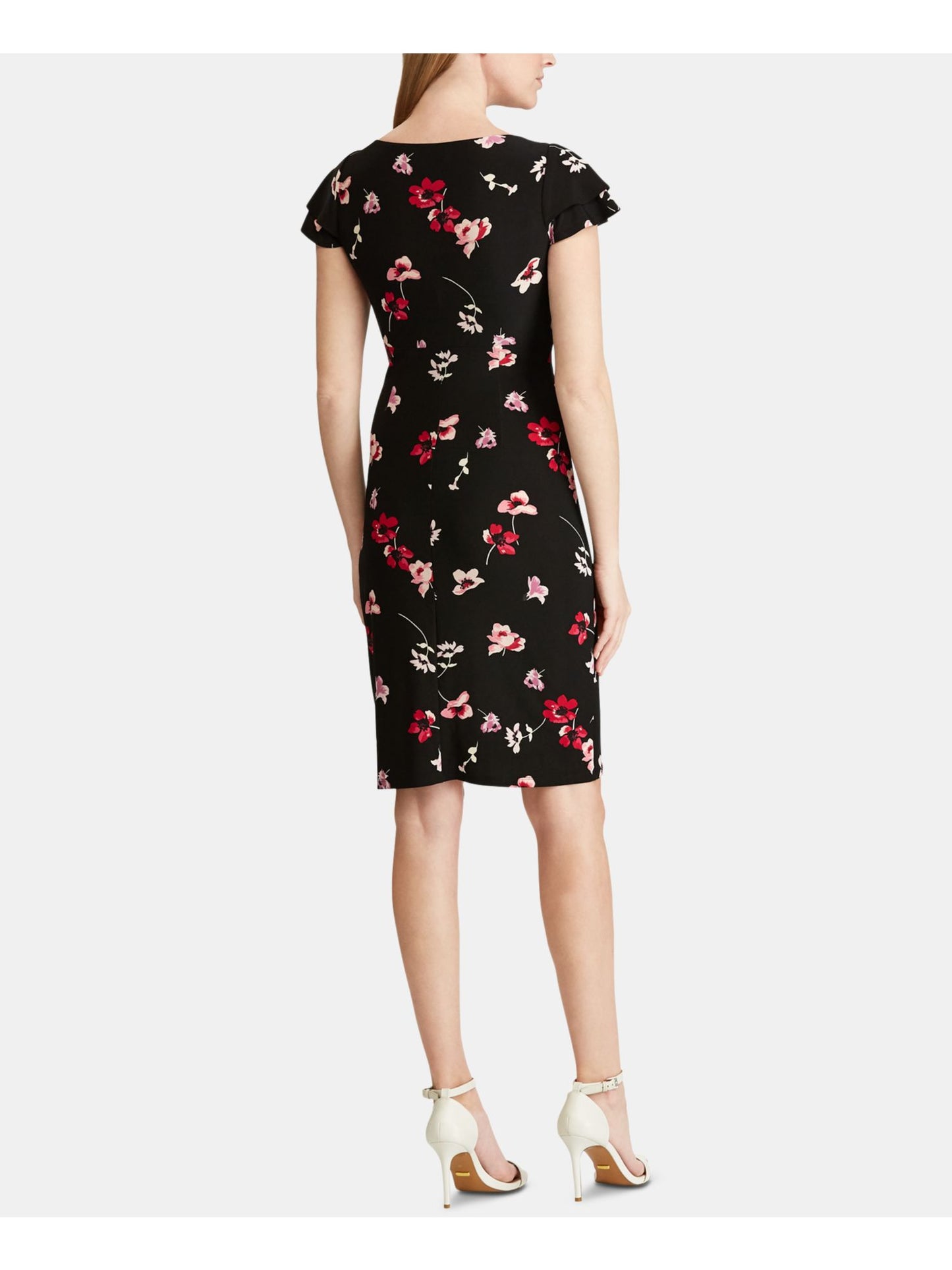 Ralph Lauren Women's Ruched Floral Cap Sleeve V Neck Knee Length Sheath Wear to Work Dress Black Size 0