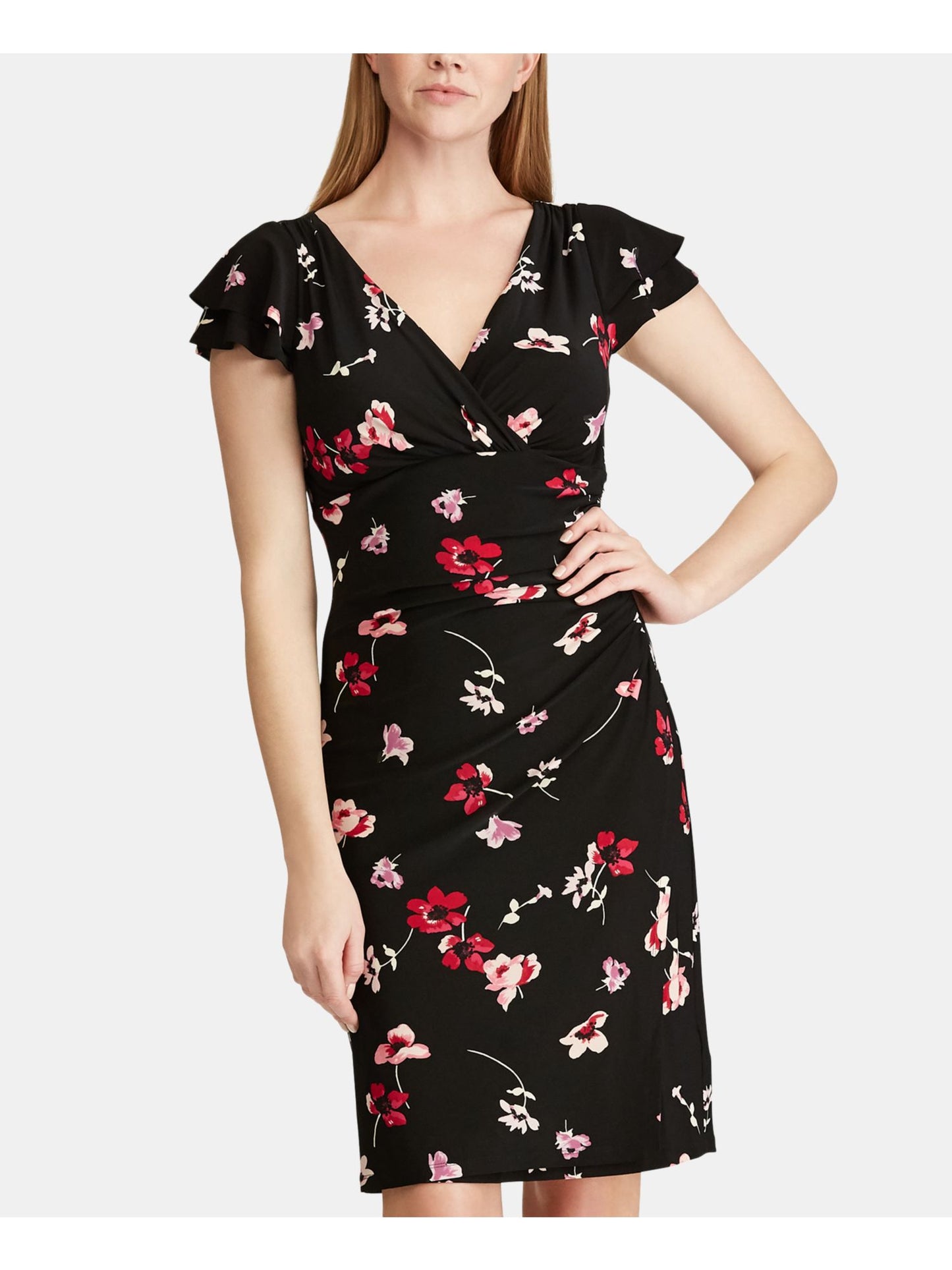 Ralph Lauren Women's Ruched Floral Cap Sleeve V Neck Knee Length Sheath Wear to Work Dress Black Size 0