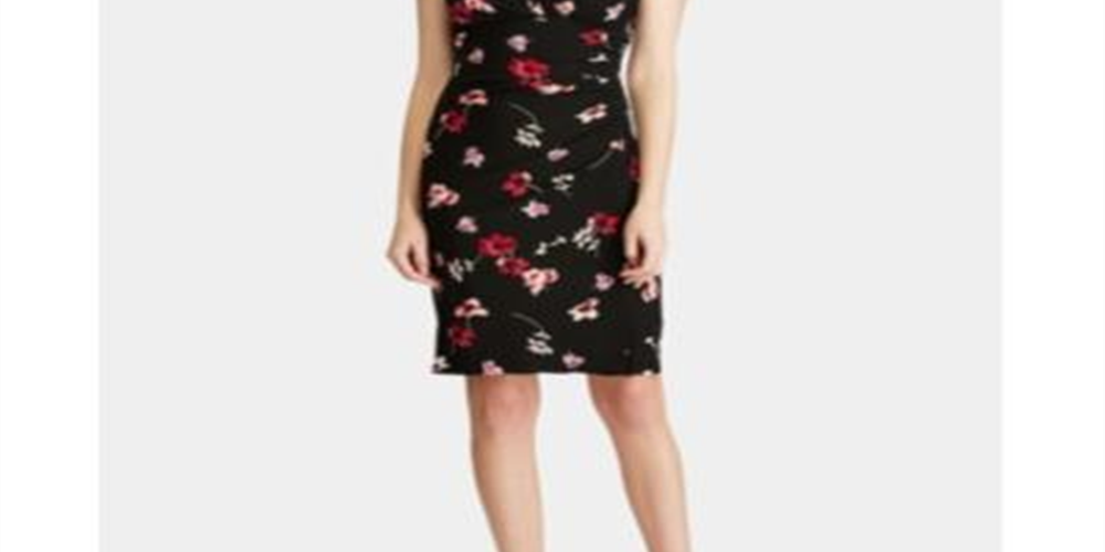 Ralph Lauren Women's Ruched Floral Cap Sleeve V Neck Knee Length Sheath Wear to Work Dress Black Size 0