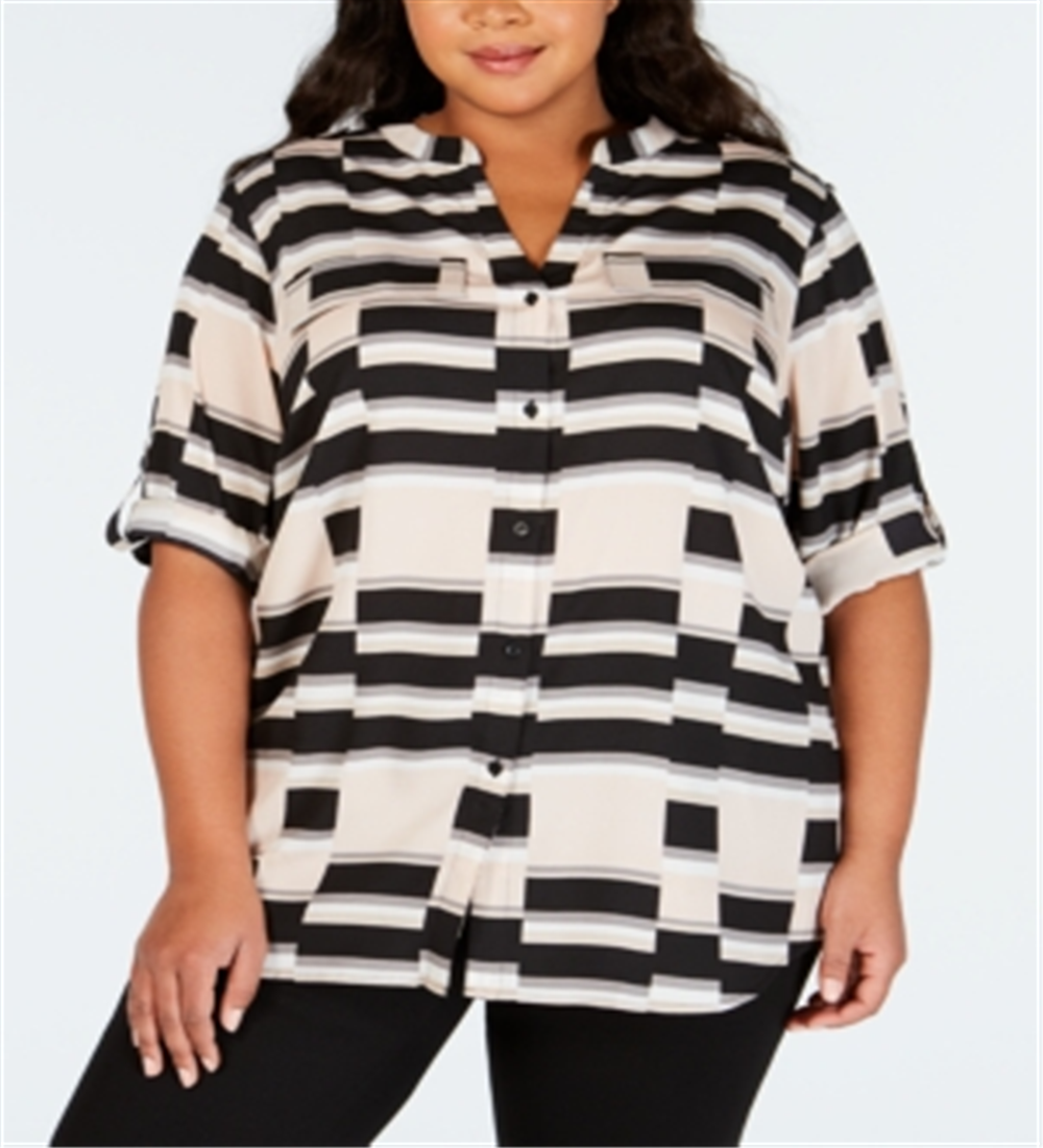 Calvin Klein Women's Plus Printed Roll Sleeve Top Red Size 2X