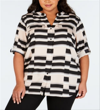 Calvin Klein Women's Plus Printed Roll Sleeve Top Red Size 2X